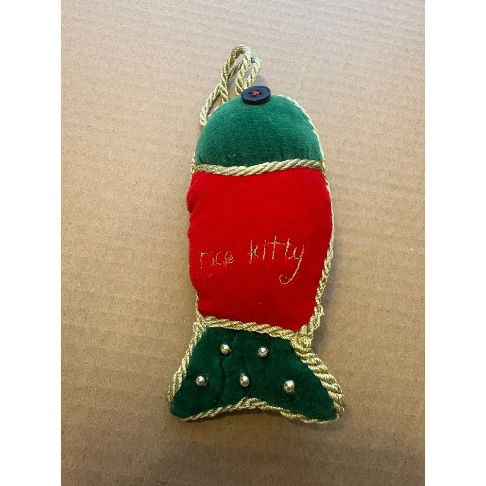 Vintage Fish Kitty Plush Ornament Red Green Gold Cord Cat‎ Toy Holiday Decor